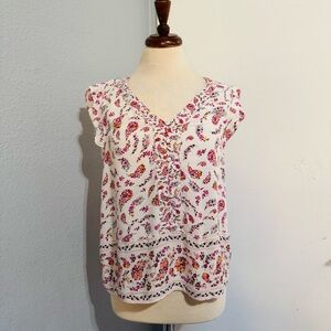 Old Navy Women Cream Pink Floral V-Neck Semi Flared Sleeves Relaxed Fit Blouse M
